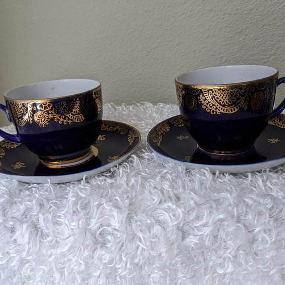 Lomonosov Porcelain Golden Frieze Cobalt 2 Tea Cups Saucers - 22 Karat Gold - Picture 8 of 11